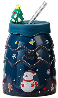 Christmas Tree Coffee Mug with Glasses Straw and 3D Lid, Ceramic Christmas Cups, Festival Cute Xmas Mugs, Drink Winter Coffee Hot Coco Mug, Novelty Mugs Gift for Thanksgiving Day Christmas (Blue)