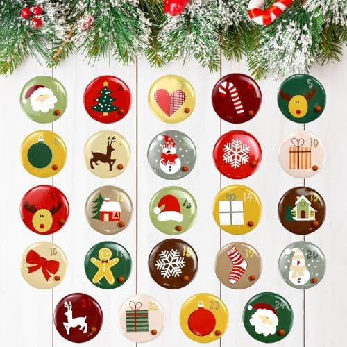 QINERSAW 1-24 Adventskalender Zahlen Buttons Nummern Weihnachtskalender zum Anstecken Adventskalender Selber Machen Weihnachten Zahlen Nummern Buttons zum Basteln Zahlen Anstecker Nadeln Jutesäckchen