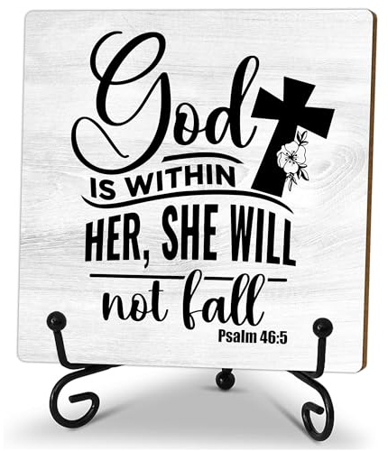 Christian Wooden Sign - God Is Within Her She Well Not Fall - Desk Decor Sign With Stand, Home Office Decor Funny Gifts Office Table Desk Decor Accessories & Supplies, 5X5 Inches-A36