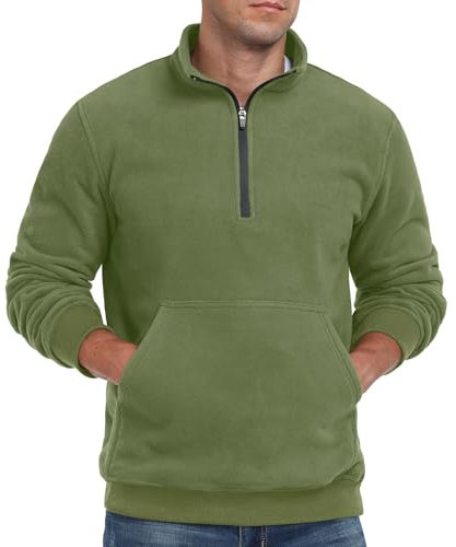 QIXING Maglione in pile da uomo a maniche lunghe, mezza zip, da uomo, senza cappuccio, caldo e morbido, verde militare, M