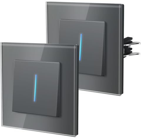 BSEED Interrupteur avec Cristal,Interrupteur Mural avec Griffes,Modern Interrupteur Avec Voyant Lumineux,Facile à Installer,E - Série,1 Gang 1 Voie - 2 Paquets,86mm Gris