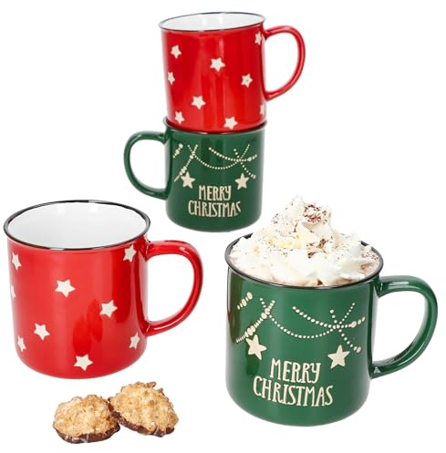MamboCat 4er Set Emma Jumbobecher I 400 ml I große Steingut-Tassen mit rotem & grünem Dekor I 4 Personen I für Glühwein, Kaffee, Latte Macchiato & Co I Weihnachten