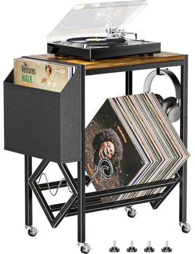 Vinyl Schallplatten Aufbewahrung Ständer - Retro Vinyl-Halter und Plattenspieler Tisch aus Holz und Metall, bis zu 80 LPs, mit Rollen und organisierendem Stoffbeutel (Schwarz)