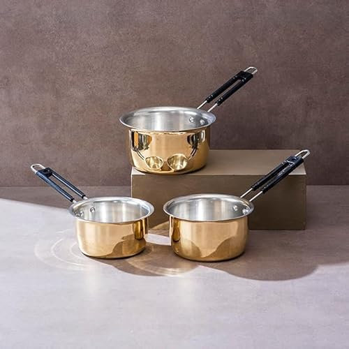 Set di 3 pentole in ottone puro, 1 L, 1,5 L, 2 l, pentola per il latte e teglia, pentole atossiche