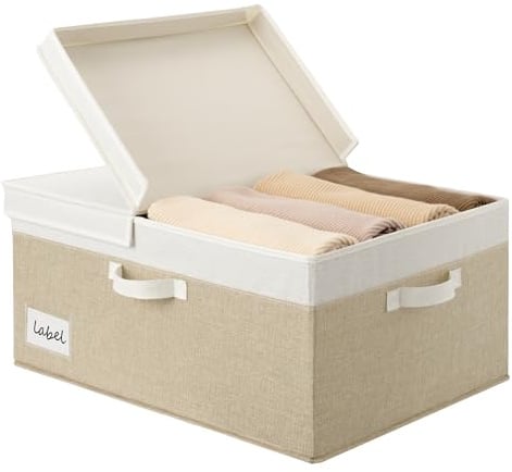 GRANNY SAYS Aufbewahrungsbox mit Deckel Groß Stoff, 1 Stück Kleiderschrank Stoffkiste mit Deckel Dekorativ, Faltbare Aufbewahren Box Groß für Kleidung Spielzeug, Weiß-Braun Kiste Aufbewahrung