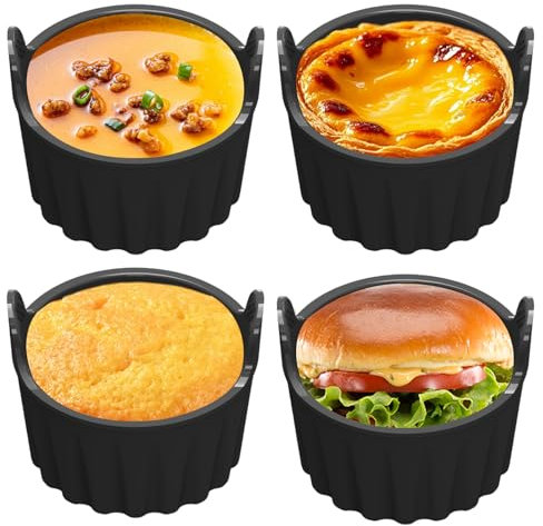 THKO Silikonform Heißluftfritteuse, 4 Stück Schwarz Antihaft Silikon Kuchenformen Eierkuchen Backform Für Heißluftfritteuse Zubehör Perfekt Für Luftfritteuse Einsatz