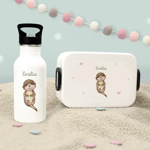 Hellomini Personalisierte Mepal-Lunchbox & Edelstahl-Trinkflasche 500ml Set mit Wunschname & Tiermotiv – Brotzeitbox & Trinkflasche Kinder Schule Kita Geschenk (Otter)
