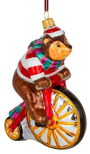 Glas Christbaumschmuck mundgeblasen handbemalt in Europa | Weihnachtsbaum Anhänger für Weihnachten | Christbaumanhänger | Weihnachtsbaumschmuck (Teddybär auf einem Fahrrad 14 cm)