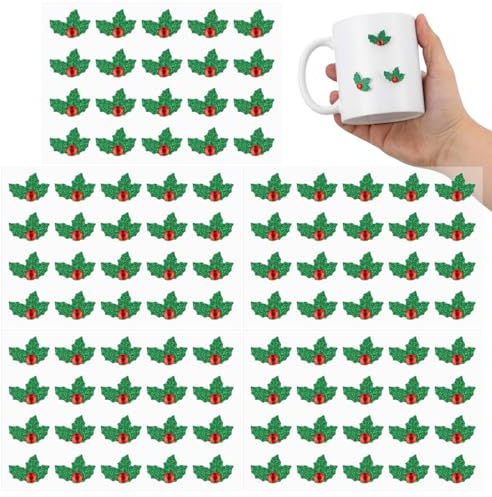 Abaodam 5 fogli di mini foglie di agrifoglio adesivi paillettes piccoli adesivi natalizi per biglietti di auguri di festa