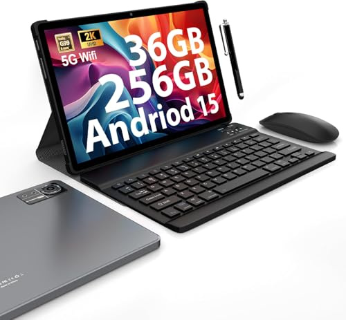 FASTWD Android 15 Tablet 11 Pouces Tablette tactiles 5G WiFi,Octa-Core,36GB RAM+256GB ROM,9580mAh,Face ID,TÜV,GMS,GPS,BT5,Tablette avec Clavier,Gris