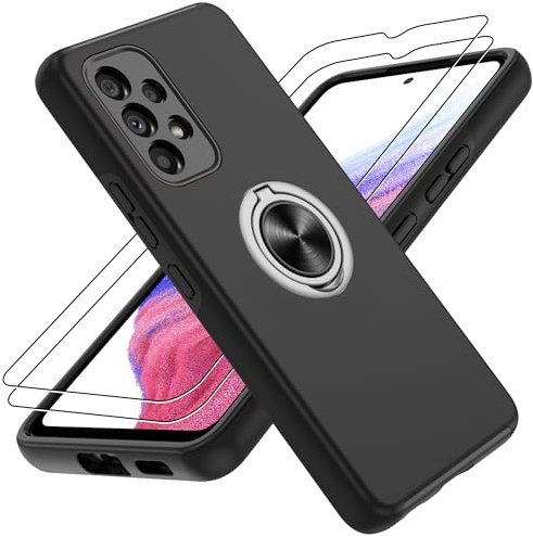 Gritup für Samsung Galaxy A53 Hülle mit 2 Stück Schutzfolie Militärstandard Stoßfeste Handyhülle,Robuste Fallschutz Schutzhülle 360° drehbare Metallhalterung Case für Galaxy A53,Schwarz