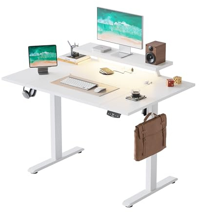 Agilestic Bureau Assis Debout électrique avec Support écran Mobile | Bureau assis debout 120x80 cm avec 2 boutons mémoire, prise, USB, LED et plateau 4 parties, idéal télétravail, Blanc