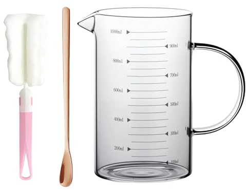 1000ml Glass Measuring Jug, High Borosilicate Glass Measuring Cup with 3 Scales, Measuring Cup with Stainless Steel Mixing Spoon and Cleaning Brush