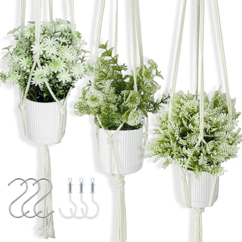 HahaMagic Juego de 3 Plantas Colgantes Artificiales con Macramé – Set de Falsas Plantas Realistas con Soportes Tejidos a Mano y Ganchos para Decoración de Hogar, Cocina y Oficina Estilo Boho