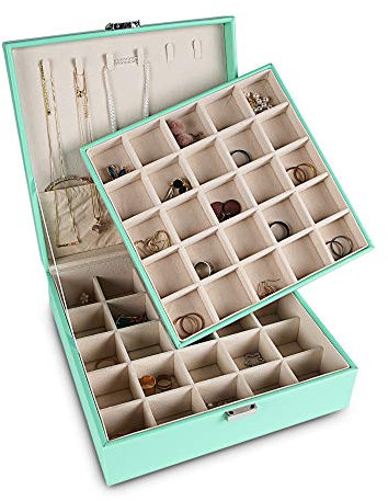 Frebeauty Ohrring-Organizer, klassische Schmuckschatulle, 50 Fächer, doppellagig, Schmuck-Aufbewahrungsbox mit 6 Halskettenhaken und Armbandtasche (Türkis)