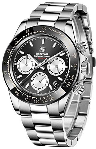 Herrenuhr BENYAR Mode Quarzwerk Armbanduhr Analog Chronograph Business Wasserdicht und Kratzfest Edelstahlarmband Freizeit Sportuhren für Herren (Schwarz-Weiss)