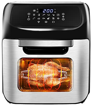 MIC Heißluftfritteuse 12L XXL Digitalem LED-Touchscreen Air fryer 1800W, 12 Programme Heißluftbackofen Friteuse Ohne ÖL Heissluftfritteuse Backofen Dehydrator Barbecue mit 7 Zubehör Rezeptbuch