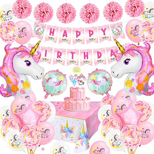 Einhorn Geburtstagsdeko Mädchen - Rosa Kindergeburtstag Set Mit Happy Birthday Banner, 3D Folie Ballons, Confetti Luftballons, Unicorn Tablecloth, Pompoms - Pastell Party Supplies Für Baby