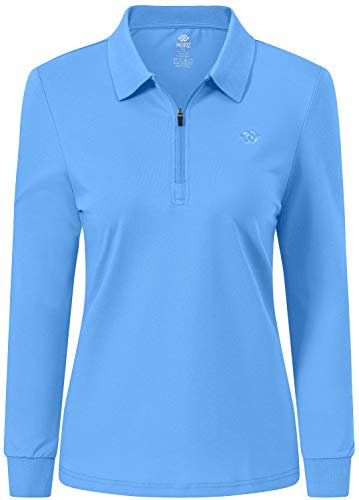 MoFiz Women's Long Sleeve Polo T-Shirts Lady Fit Cotton Golf Tops Casual Sports Polo Shirt Sky-Blue Size XL