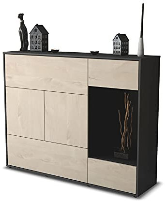 Stil.Zeit Highboard Kommode Violetta, Korpus anthrazit matt, Front Holz-Design Zeder (136x108x35cm), Push-to-Open Technik & Leichtlaufschienen