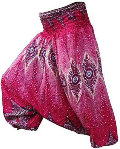 PANASIAM Aladinhose Damen & Herren 2in1 - Haremshose & Jumpsuit - 2 Längen | Unisex Pumphose 100% Viskose, breiter Bund, Design Pfauenauge, L & XL bis 2m Körpergröße, Goa Hose für Yoga & Freizeit