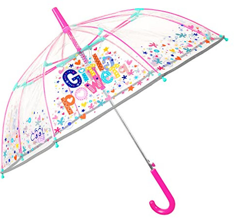 PERLETTI Paraguas Niña Transparente Burbuja con Escritas Coloreadas - Paraguas Infantil a Cúpula con Apertura Automatica - Sombrilla Lluvia para Niñas de 5 a 7 Años Antiviento Ligero - Diámetro 74 cm