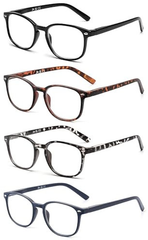 JM 4 Pack Square Reading Glasses, Spring Hinge Readers for Men Women, Mxied Color +1.25