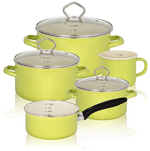 KRÜGER Emaille-Set Juist 5 teilig - Emaille-Topfset aus Fleischtopf, Stieltopf und Milchtopf - Töpfe mit Vollkontaktboden & Glasdeckel - geeignet für alle Herdarten (Set Juist - pastellgrün)