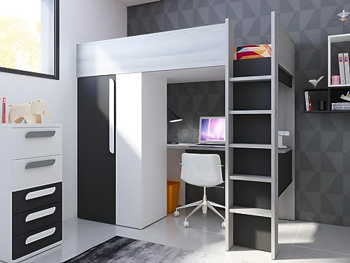 Vente-unique-Hochbett mit Schrank & Schreibtisch + Matratze - 90 x 200 cm - Anthrazit & Weiß - Nicolas II