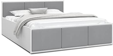 FurnitureByJDM Bett 120x200 mit Stauraum & Gepolsterte Einsätze | Doppelbett mit Bettkasten und aufklappbarem Lattenrost – Stauraumbett mit Liftfunktion PANAMA (Weiß/Graue Einsätze)