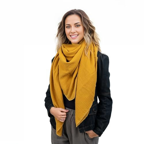 Scandi Linen Musselin Tuch Damen, Musselintücher, Musselin Schal, Dreieckig leicht (einlagig), Ochre