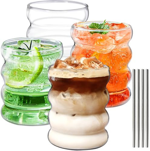 INFTYLE 4pcs Kreative Ripple Trinkgläser Cup Cocktail Glas 10oz Unterhaltung Geschirr Gläser, Glasware Welle Form Getränkegläser, für Eiskaffee, Saft, Bier, Getränk, Wasser