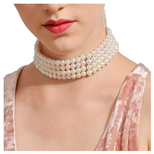 Collana girocollo con fili di perle Collana larga di perle finte multistrato Perle di perle bianche Catena di gioielli placcata in argento per donne e ragazze