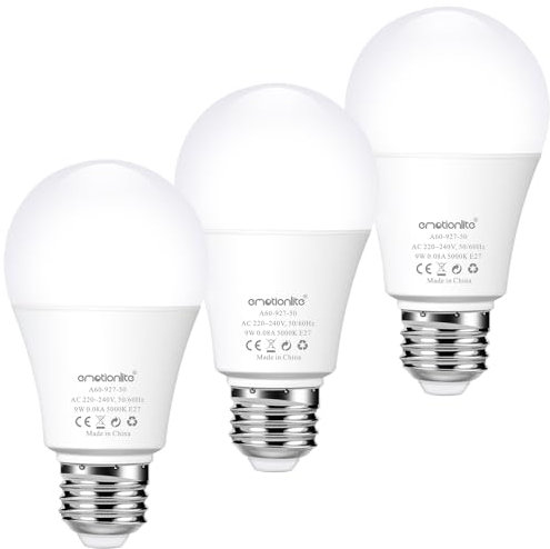 emotionlite E27 LED Lampe mit Dämmerungssensor, 9W (60W Äquivalent) LED Glühbirnen, Lichtsensor Glühbirne Ideal für Veranda, Terrasse, Garage, Flur, Keller, A60, 5000K, Neutralweiß, 3 Stück