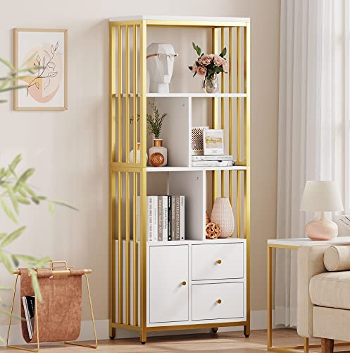 IDEALHOUSE Gold Bookshelf Modern Bookcase with Drawers Storage Rack Shelf Tall Standing Bookshelves Metal Frame Large Display Racks Unique Book Shelf for Bedroom, Living Room, Home Office, White/Gold