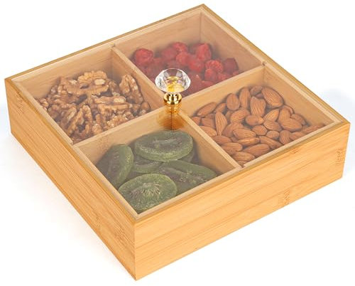BELLE VOUS Square Serving Tray with Lid & 4 Compartments - 22 x 22cm/8.7 x 8.7 Inches Bamboo Nuts Platter Tray - Multipurpose Storage Container for Nuts, Dry Fruits, Candy, Tea Bags & Jewellery
