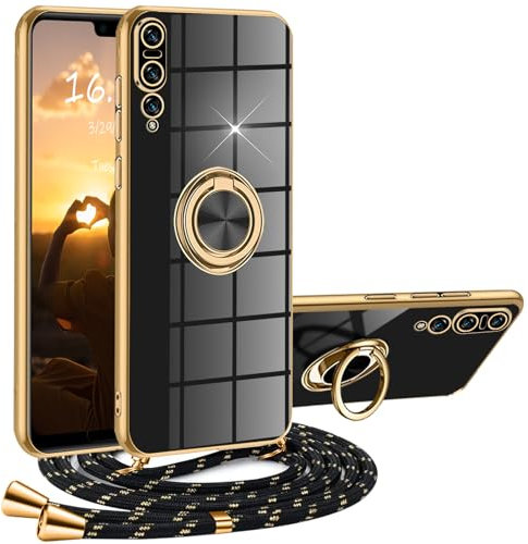 XCYYOO Cover Huawei P20 Pro con Cordino, Custodia Huawei P20 Pro con Tracolla, Elettrolitica Antiurto Case 360°Metallo Ring Kickstand Litetettiva Auto,Cover Huawei P20 Pro Silicone con cord -Nero