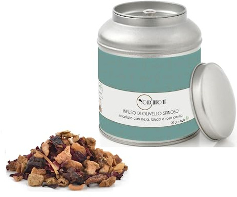 Novecento Tè® | Infuso Olivello Spinoso in Foglie - 90 Gr | Tisana di Olivello, Mela, Ibisco, Rosa Canina | Miscela Frutta Olivello e Petali Fiori Sfusa Latta Metallo