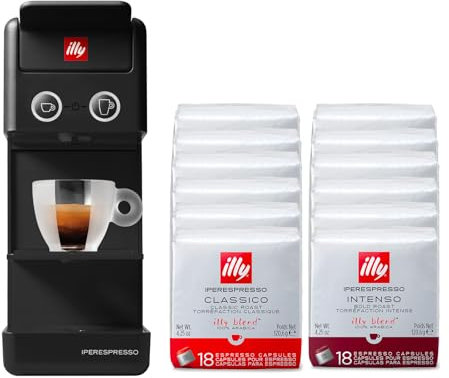 illy Y3.3 Hyperespresso-Kaffeemaschine in Schwarz mit 216 Kapseln Hyperespresso (108 Kapseln Hyperespesso Classic und 108 Kapseln Hyperespesso INTENSO)