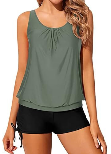 2 Piece Tankini Sets for Women UK, Athletic Swimming Costume with Sports Bra, Tummy Control Swimsuit with Shorts (UK, Alpha, XXL, Regular, Regular, Green)