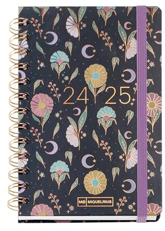Miquelrius Schülerkalender 24-25, September 2024 bis August 2025, Größe: 123 x 178 mm, Wochenansicht, Doppelspirale aus Metall, gefütterter Kartondeckel, Gummiverschluss, Katalanisch und Englisch