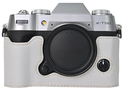 VOVMOEYA Camera Case for FUJIFILM X-T50 Mirrorless Digital Camera,Fuji XT50 Half Case With Soft microfiber Inner,Function Well With 1/4-20 thread hole Retro PU Leather texture-Grey White