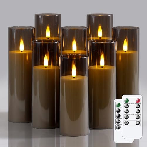 Wroxipel Packung mit 8 flammenlos flackernden 5,5cm x12,5 15 15 17,5 17,5 17,5 20 20cm Grau LED-Kerzen aus Kunststoff mit Fernbedienung, batteriebetriebene Kerzen mit Timerfunktion