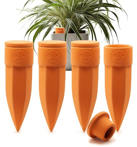 The Olla Company Lot de 4 pics d'arrosage avec couvercles – Idéal pour les pots de 12,7 à 22,9 cm – Idéal pour les vacances – Terre cuite – Taille M