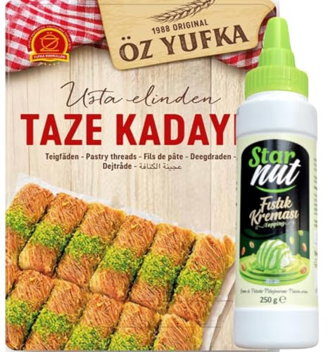 OZYUFKA Fili per pasta fresca Kataifi Kadayıf Shredded Fillo Pasta Pasticceria Kadaifi Fili Taze Kadayif per Cioccolato Dubai, 400 gr con Pistacchio Crema 250 grammi Tubo