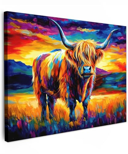 MuchoWow© Wandbilder 70x50 cm Wohnzimmer Wanddeko Schlafzimmer Zimmerdeko Wandgemälde Zimmer Deko auf Wand Dekoration Wall Art Schottische Hochlandrind - Kunst - Kuh - Tiere - Landschaft
