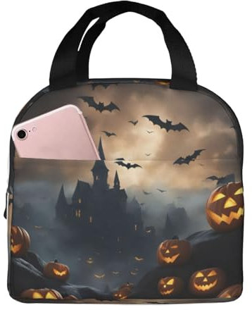 LNNIUK Bolsa de almuerzo con 3 estampados de murciélagos voladores de Halloween para mujeres, hombres y adultos, con bolsillo frontal, lonchera