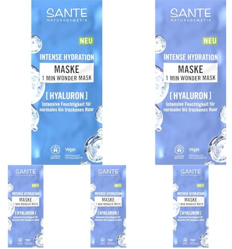 Sante Naturkosmetik Intense Hydration 1 Min Wonder Mask, intensive Sofortpflege für Feuchtigkeitsbedürftiges Haar mit Hyaluron & 3-Fach Protein Komplex, für Normales bis Trockenes Haar, vegan, 20ml