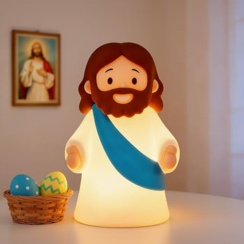 magical JD Little Jesus Night Light, Mini Silicone Jesus Lamp, Dimmable Rechargeable Touch Bedside Lamp for Nursery & Kids, Ideal Religious Gift for Christmas, Easter and Baptism (Blue)