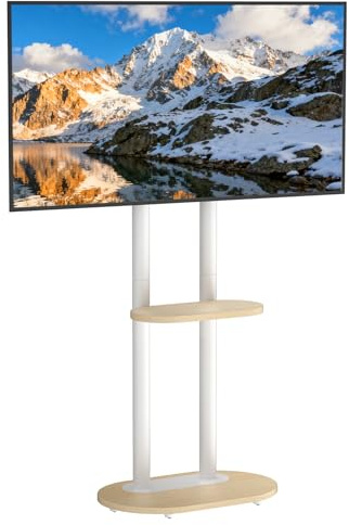 UNHO Supporto TV da Pavimento con Ruote Nascoste per 40-75 Pollici Bianco | Porta TV con Ruote, Peso Max 60kg, Max VESA 600x400mm, Legno Ripiano, Regolabile in Altezza, Doppia Colonna Stabile
